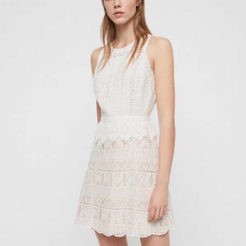 AllSaints Melia Peplum Lace Dress in Oyster White Cream Size 4